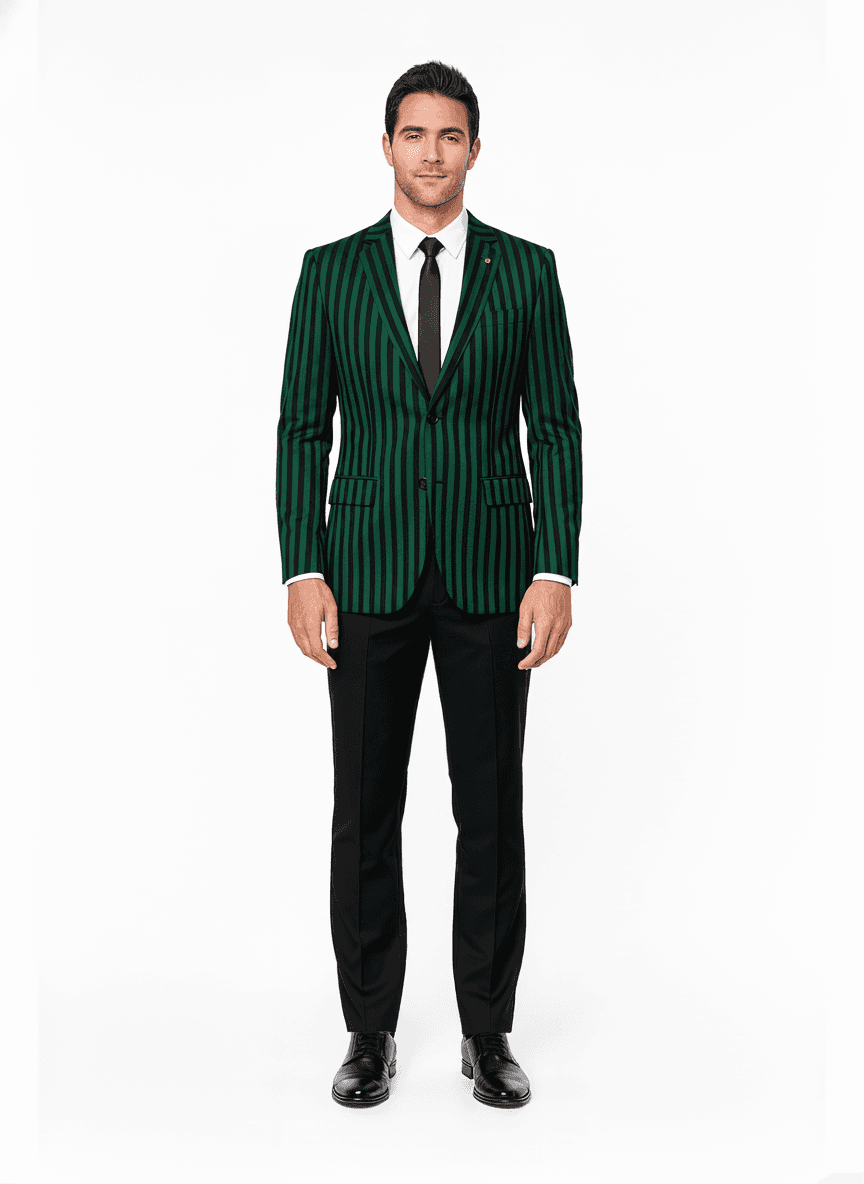 Cotton Blend Dark Green Light Grey Striped Business Suiting Fabric on jacket — AI-rendered by Nathan Tailors, a Hoi An tailor