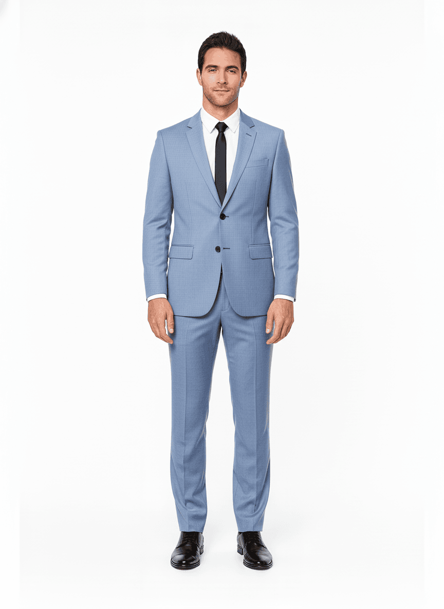 Cotton Light Steel Blue Solid Business Suits Fabric on full suit — AI-rendered by Nathan Tailors, a Hoi An tailor