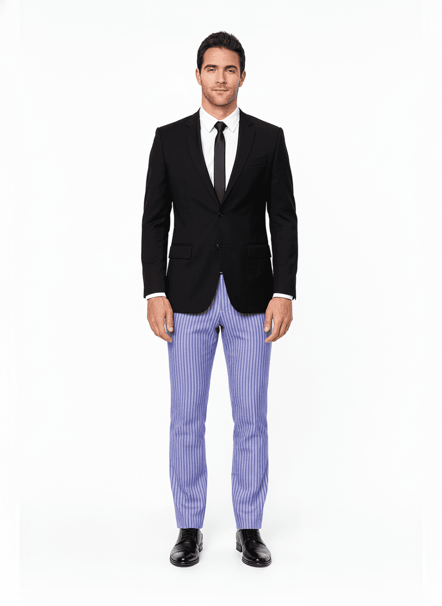 Cotton Blend Lavender Blue Periwinkle Striped Dress Shirts Fabric on full suit β AI-rendered by Nathan Tailors, a Hoi An tailor