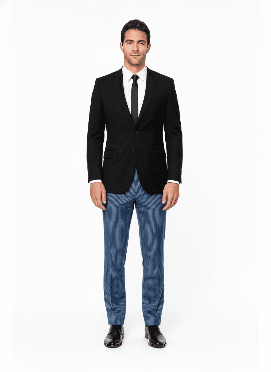 Cotton Blend Steel Blue Light Gray Pinstripe Dress Shirts Fabric on pants β AI-rendered by Nathan Tailors, a Hoi An tailor