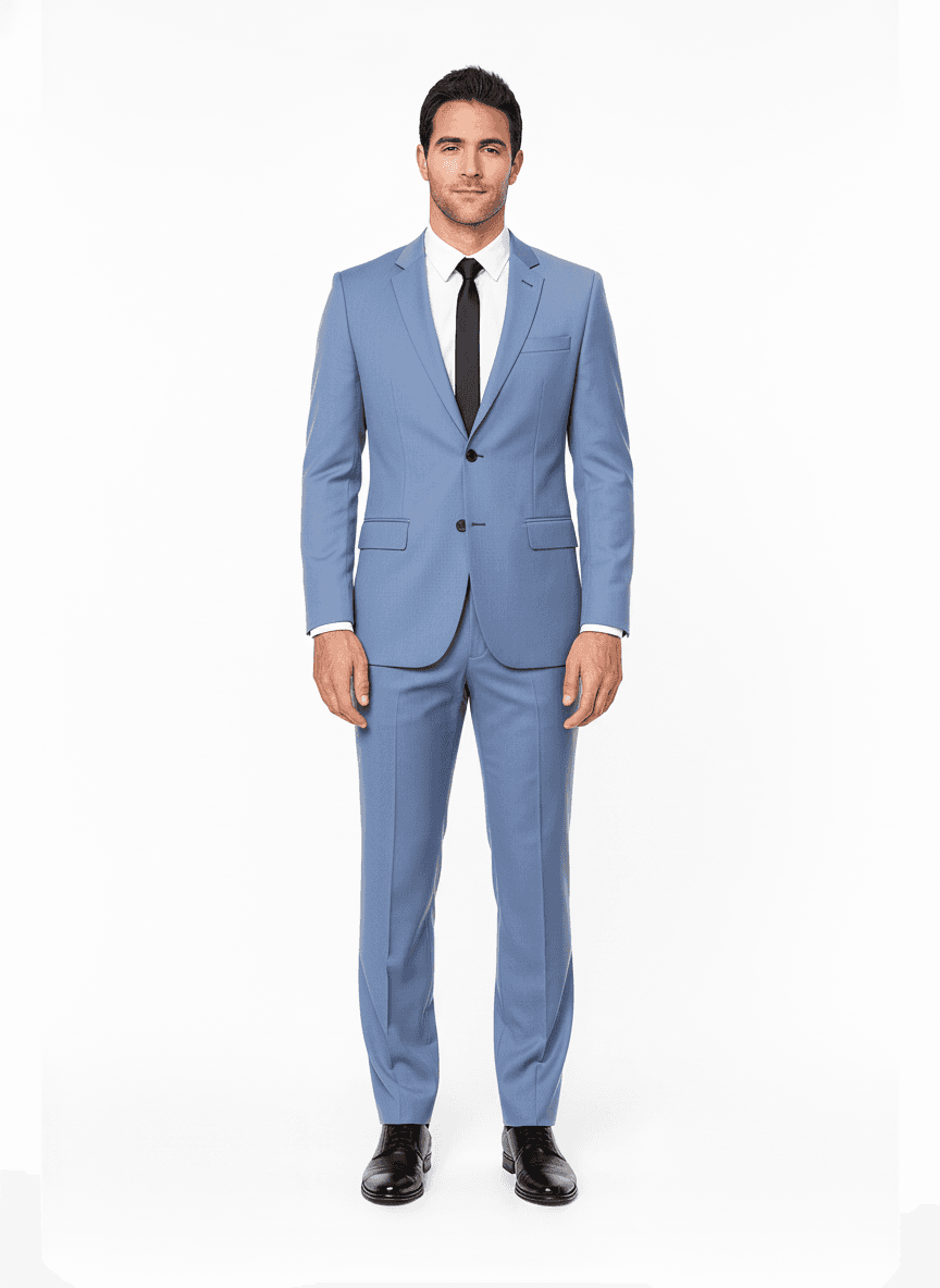 Cotton Light Steel Blue Solid Dress Shirt Fabric on full suit β AI-rendered by Nathan Tailors, a Hoi An tailor