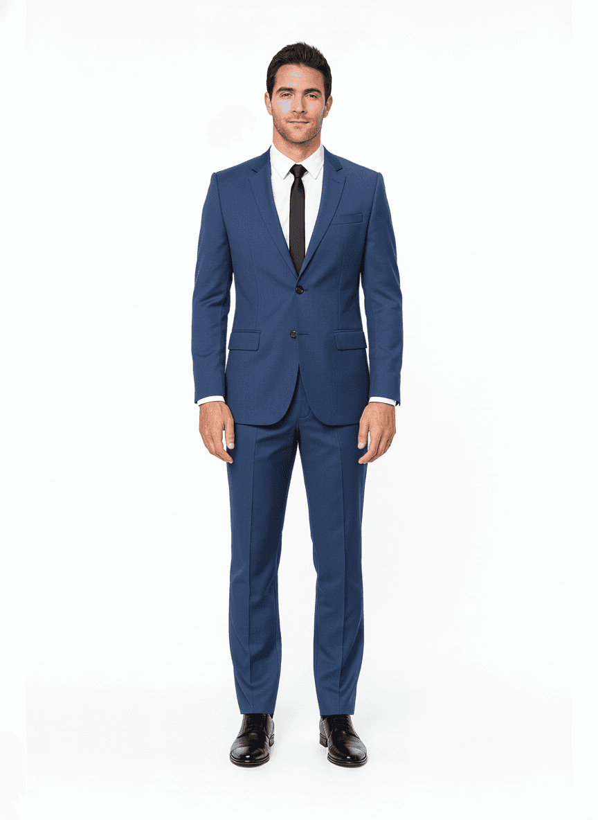 Merino Wool Steel Blue Solid Business Suiting Fabric on full suit β AI-rendered by Nathan Tailors, a Hoi An tailor