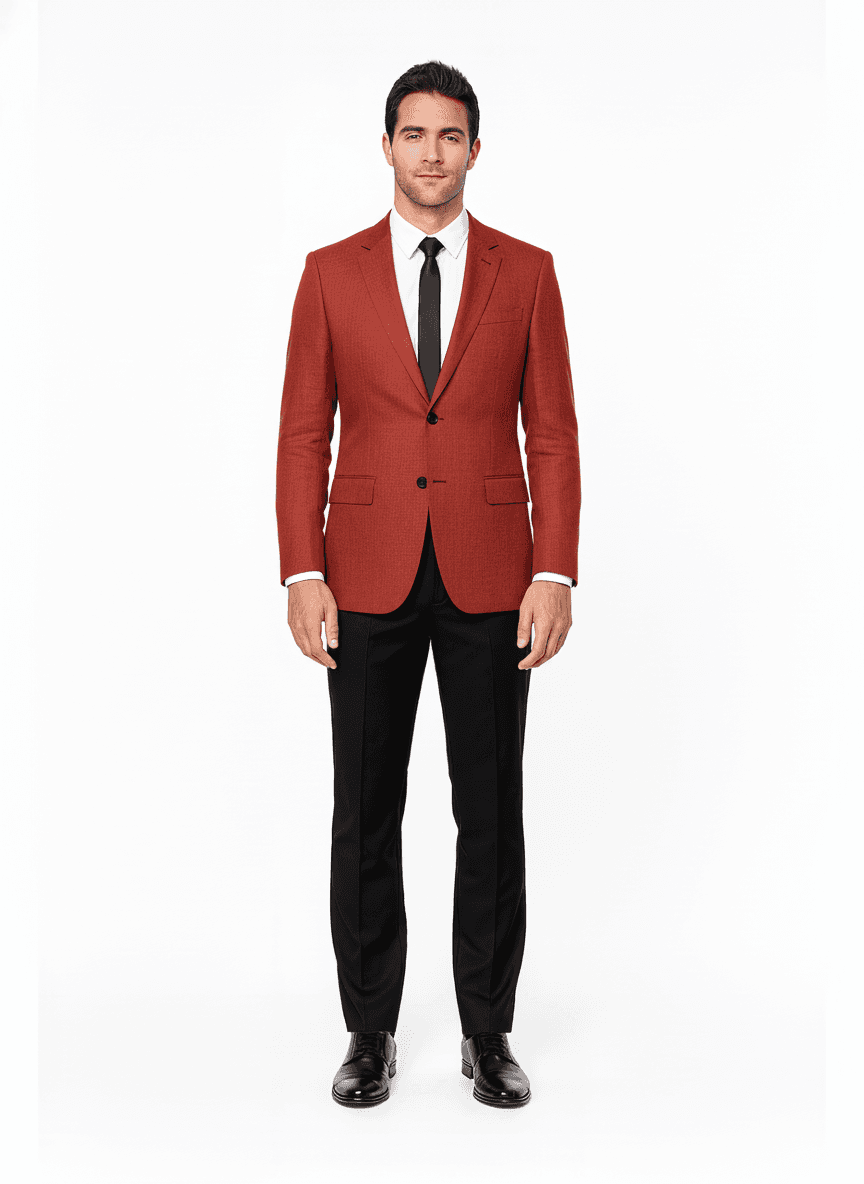 Linen Brick Red Solid Casual Blazers Fabric on jacket β AI-rendered by Nathan Tailors, a Hoi An tailor