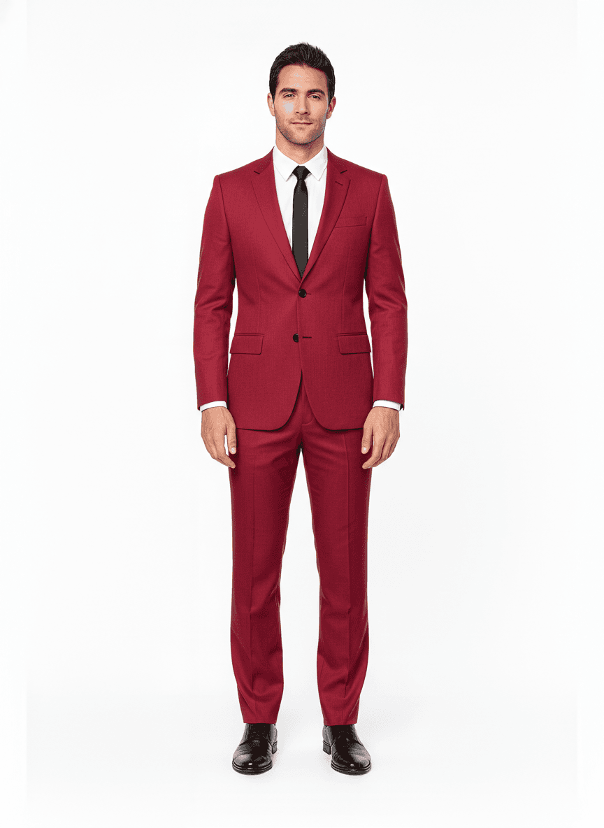 Linen Crimson Red Solid Business Suiting Fabric on full suit — AI-rendered by Nathan Tailors, a Hoi An tailor