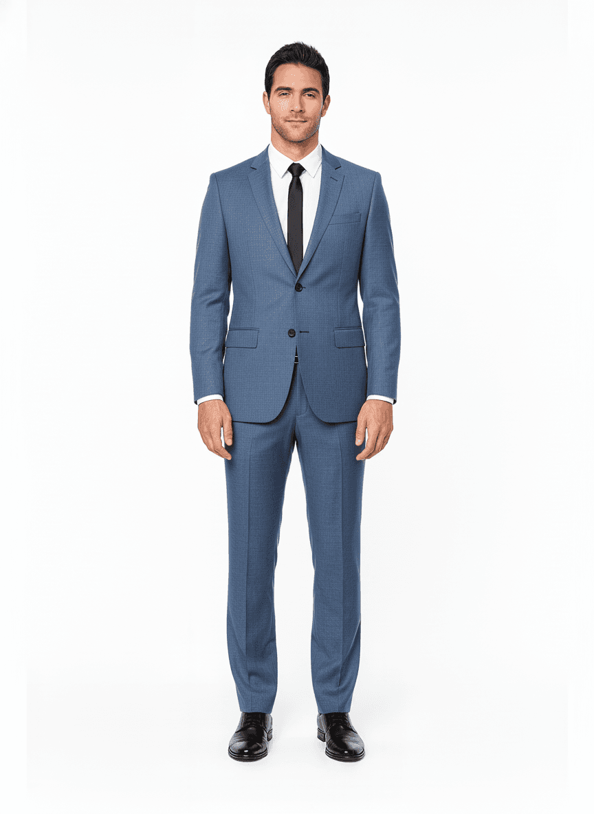 Linen Steel Blue Solid Business Suiting Fabric on full suit — AI-rendered by Nathan Tailors, a Hoi An tailor
