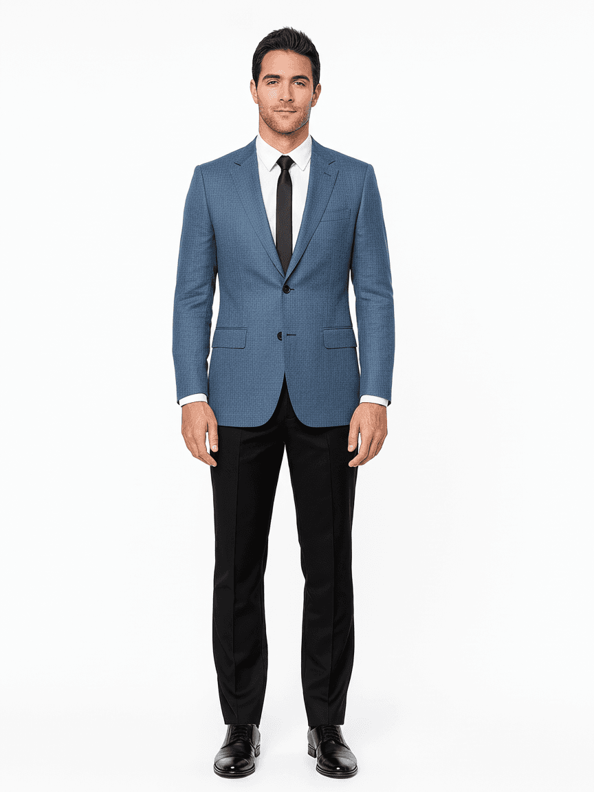Linen Steel Blue Solid Business Suiting Fabric on jacket — AI-rendered by Nathan Tailors, a Hoi An tailor
