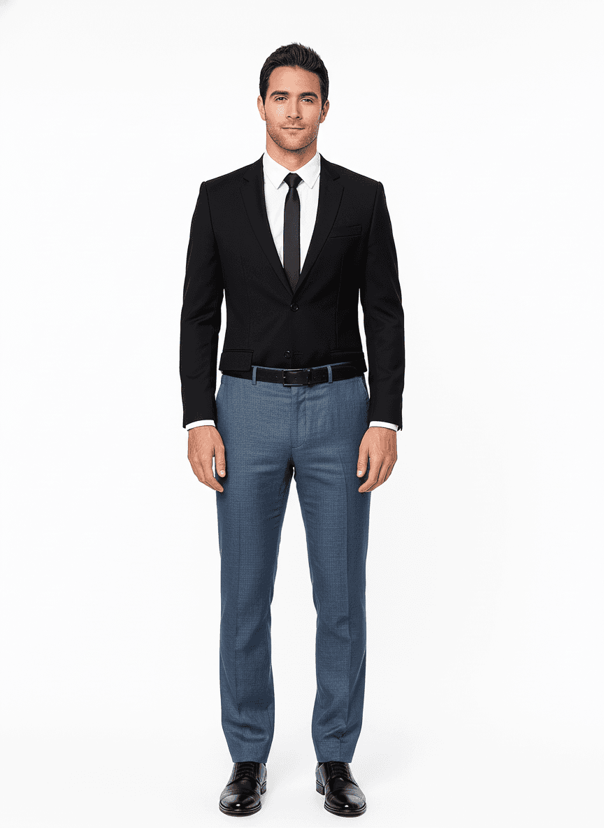 Linen Steel Blue Solid Business Suiting Fabric on pants — AI-rendered by Nathan Tailors, a Hoi An tailor