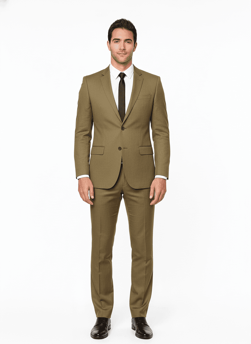 Linen Khaki Solid Casual Shirt Fabric on full suit — AI-rendered by Nathan Tailors, a Hoi An tailor