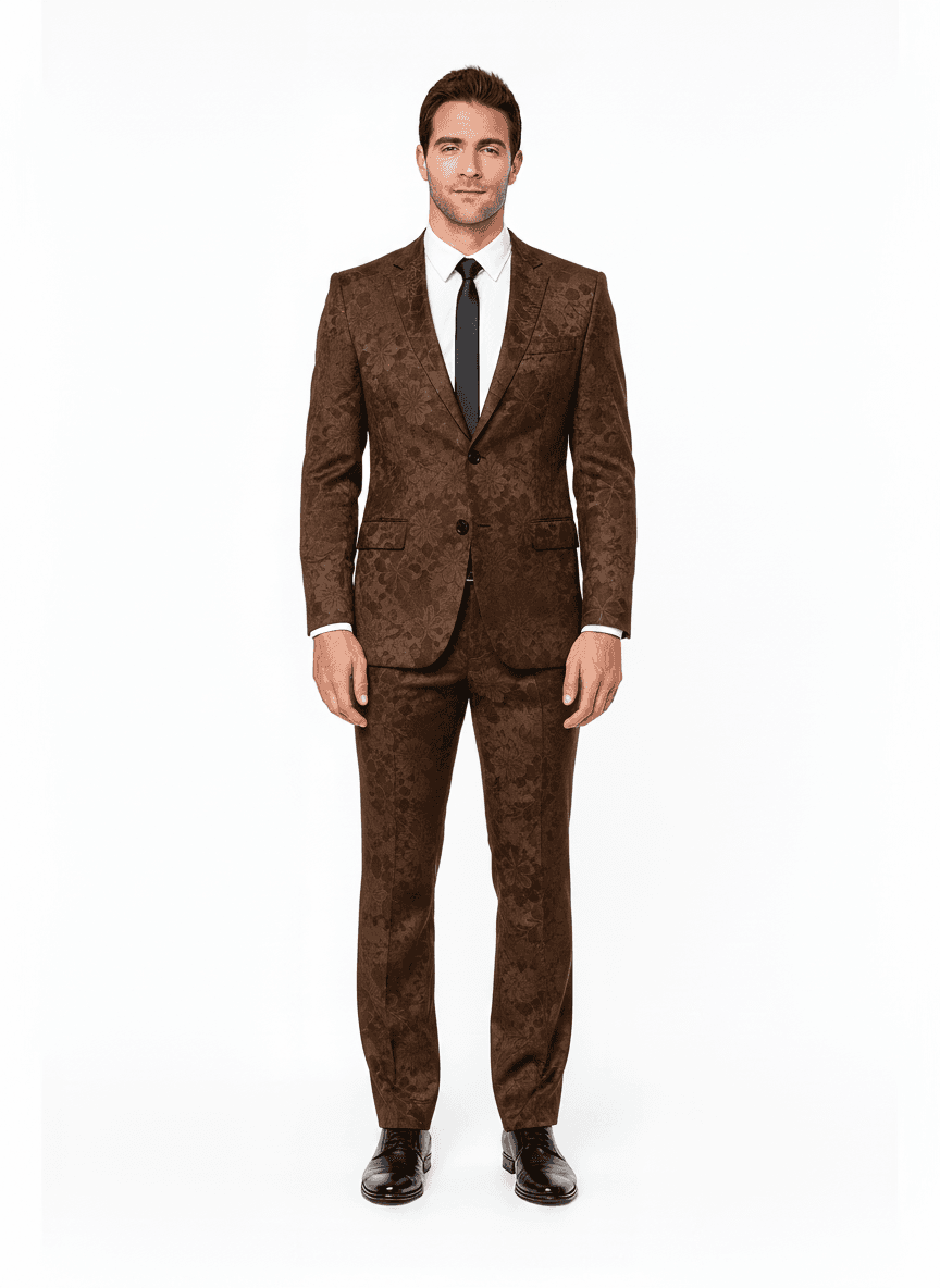 Cotton Taupe Light Brown Floral Lace Evening Gowns Fabric on full suit — AI-rendered by Nathan Tailors, a Hoi An tailor