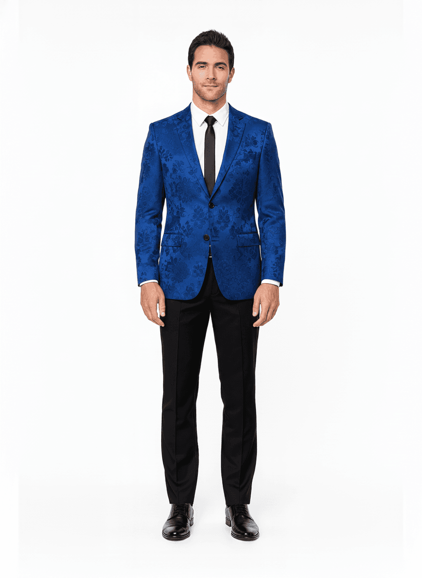 Cotton Royal Blue & Navy Blue Floral Dress Shirts Fabric on jacket — bespoke jacket and custom tailored suit fabric visualization by Nathan Tailors, the Hoi An custom tailor. Available as a real bespoke suit from $129.