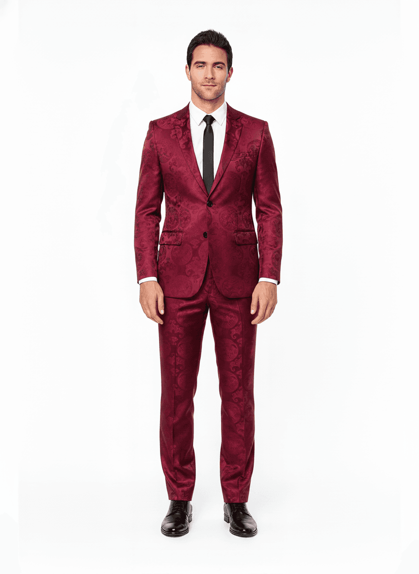 Silk Rich Magenta Deep Purple Ornate Evening Gowns Fabric on full suit β AI-rendered by Nathan Tailors, a Hoi An tailor