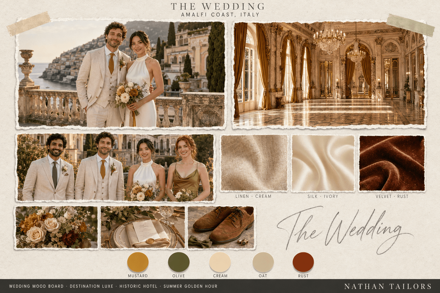 Amalfi Lemon — Mustard, Olive & Cream historic hotel wedding attire mood board — custom wedding attire mood board by Nathan Tailors. Mustard, Olive & Cream palette, historic hotel venue, summer golden hour light. Hoi An tailor.