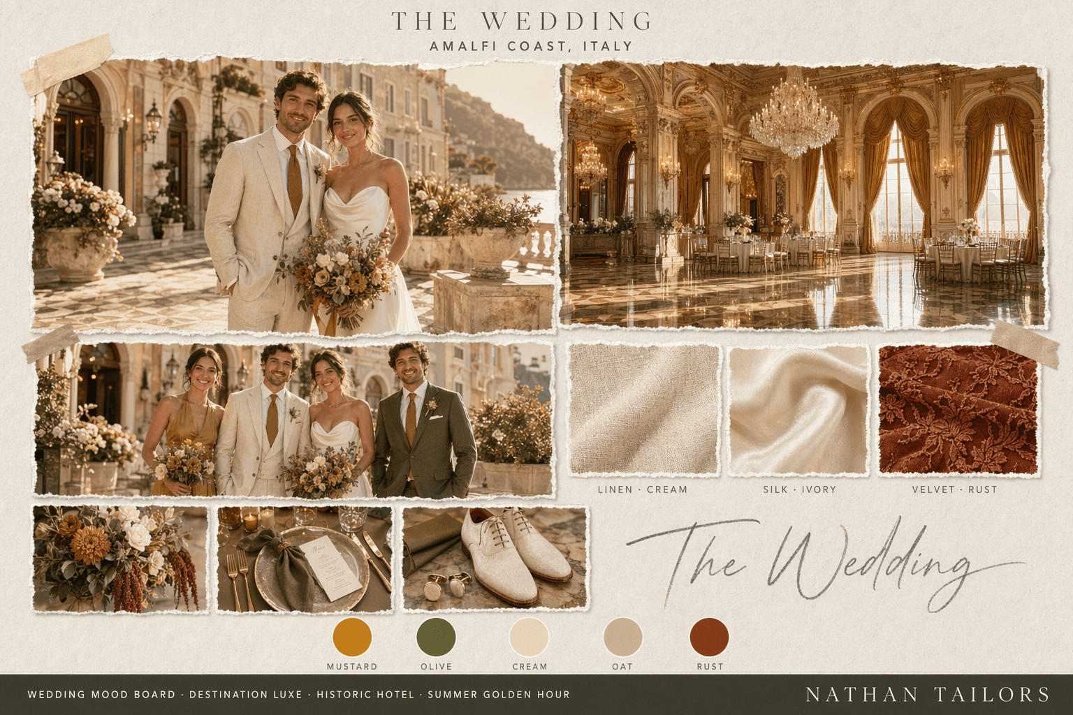 Mustard, Olive & Cream historic hotel wedding attire mood board — Nathan Tailors