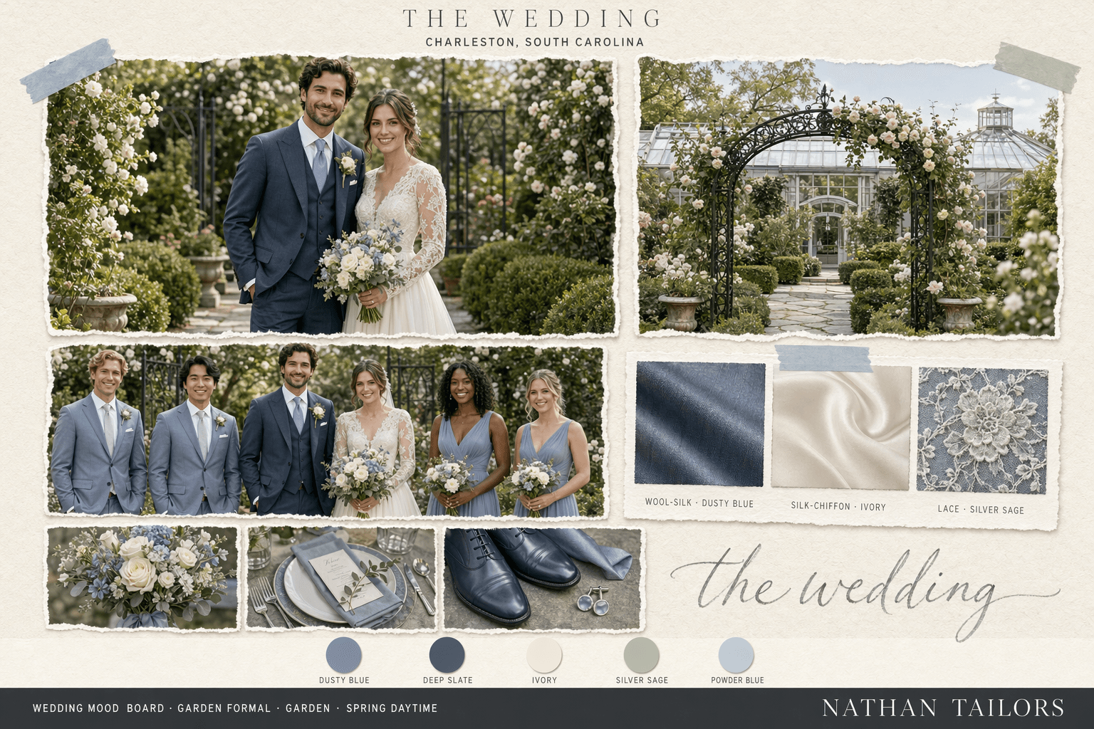Dusty Blue & Ivory garden wedding attire mood board — Nathan Tailors