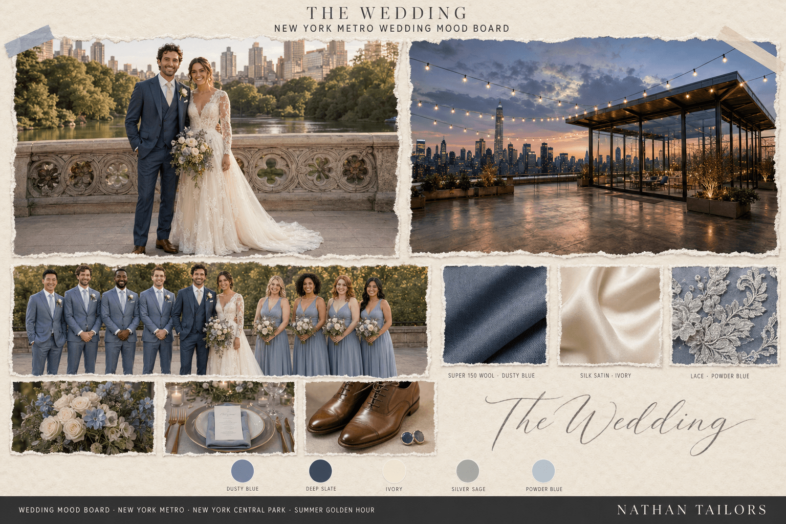 Dusty Blue & Ivory city rooftop wedding attire mood board — custom wedding attire mood board by Nathan Tailors. Dusty Blue & Ivory palette, city rooftop venue, summer golden hour light. Hoi An tailor.