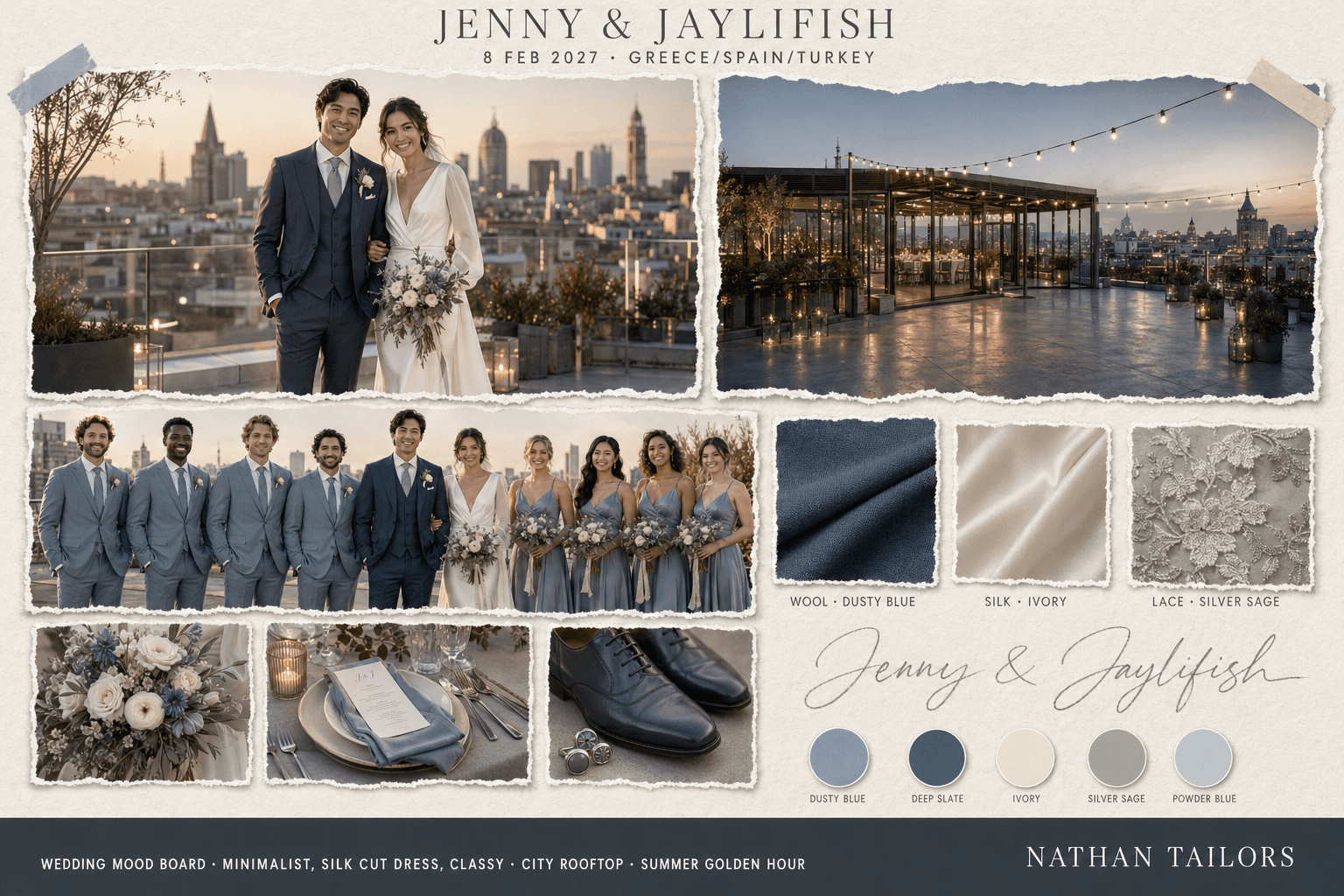 Dusty Blue & Ivory city rooftop wedding attire mood board — Nathan Tailors