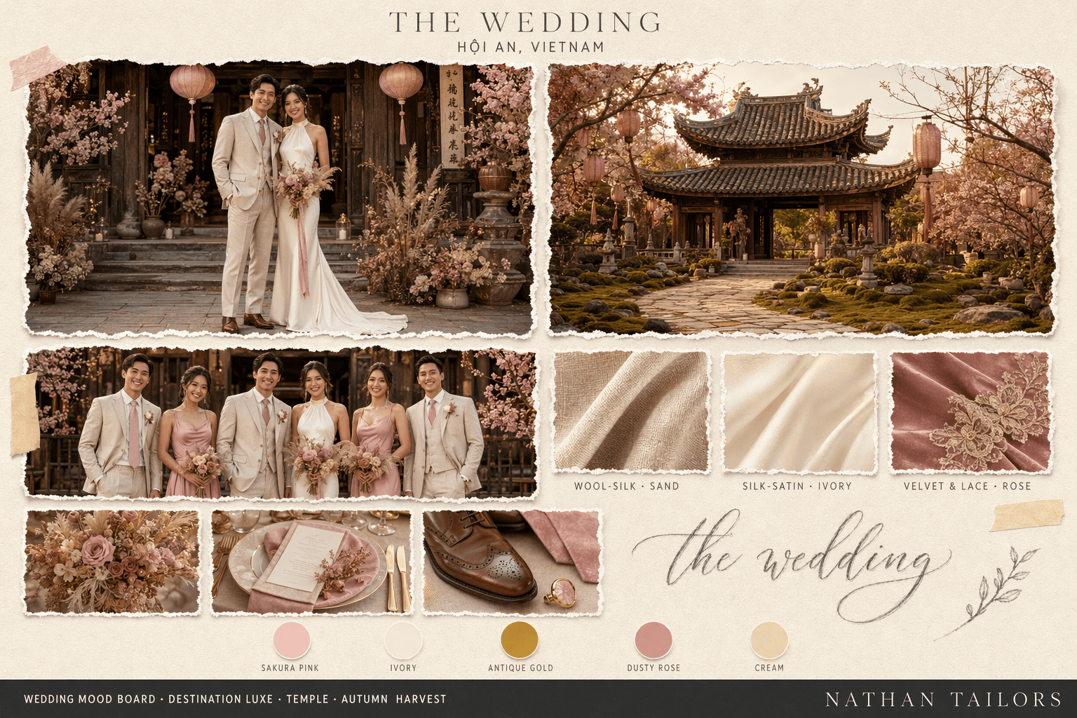Sakura Pink, Ivory & Gold temple wedding attire mood board — Nathan Tailors