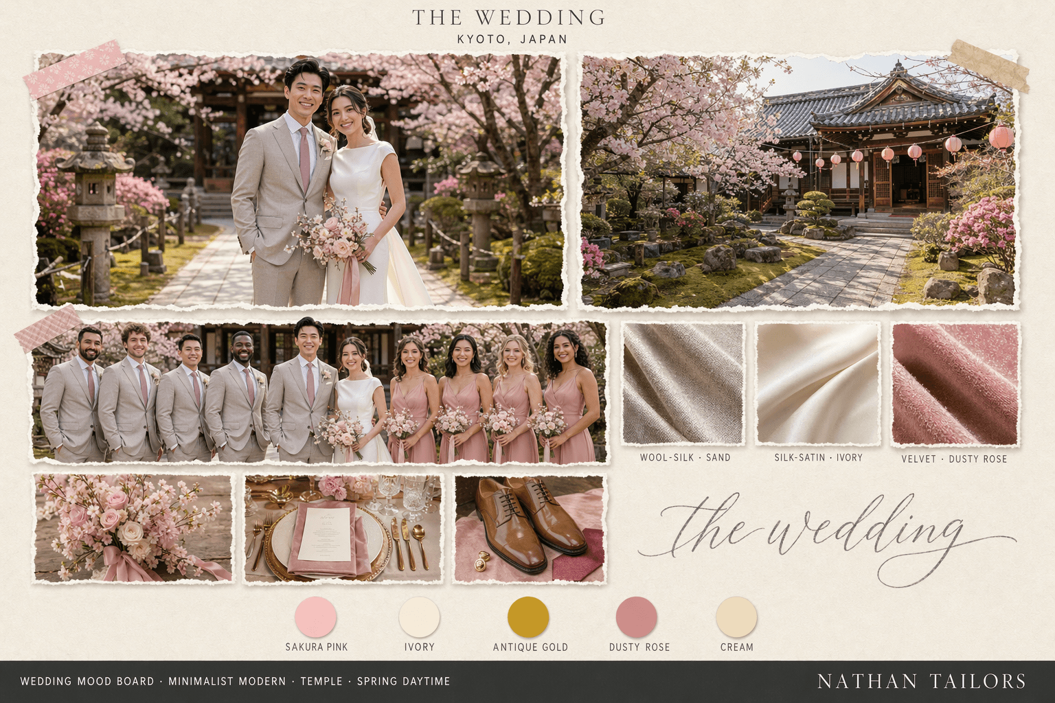Sakura Pink, Ivory & Gold temple asian wedding attire mood board — Nathan Tailors