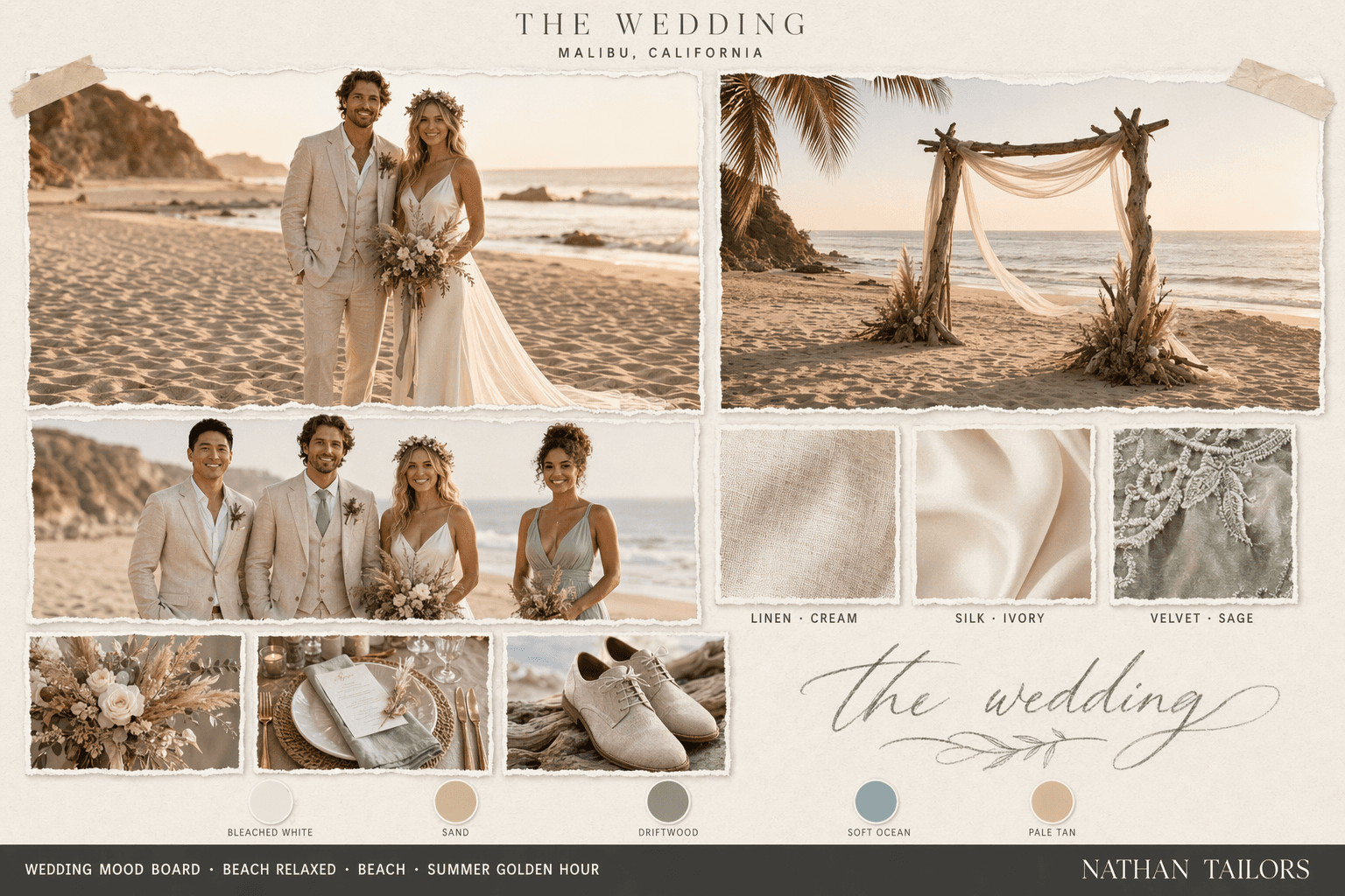 Coastal White, Sand & Driftwood beach wedding attire mood board — Nathan Tailors
