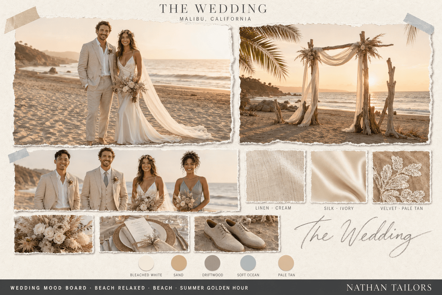Coastal White, Sand & Driftwood beach wedding attire mood board — Nathan Tailors