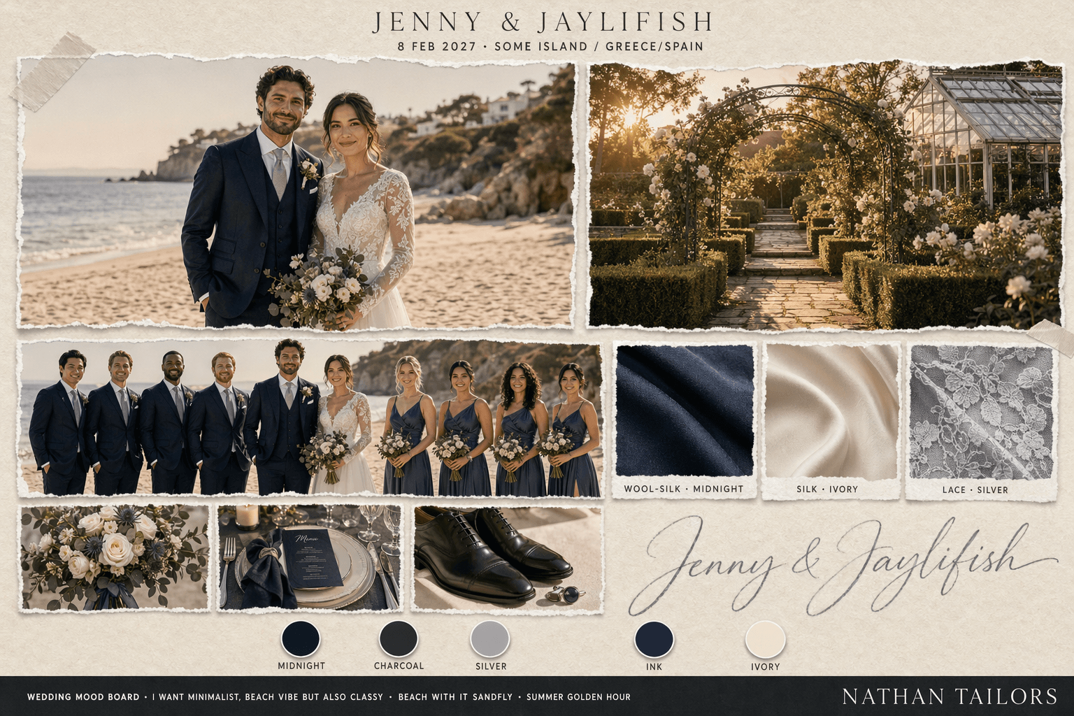 Midnight, Charcoal & Silver garden wedding attire mood board — Nathan Tailors