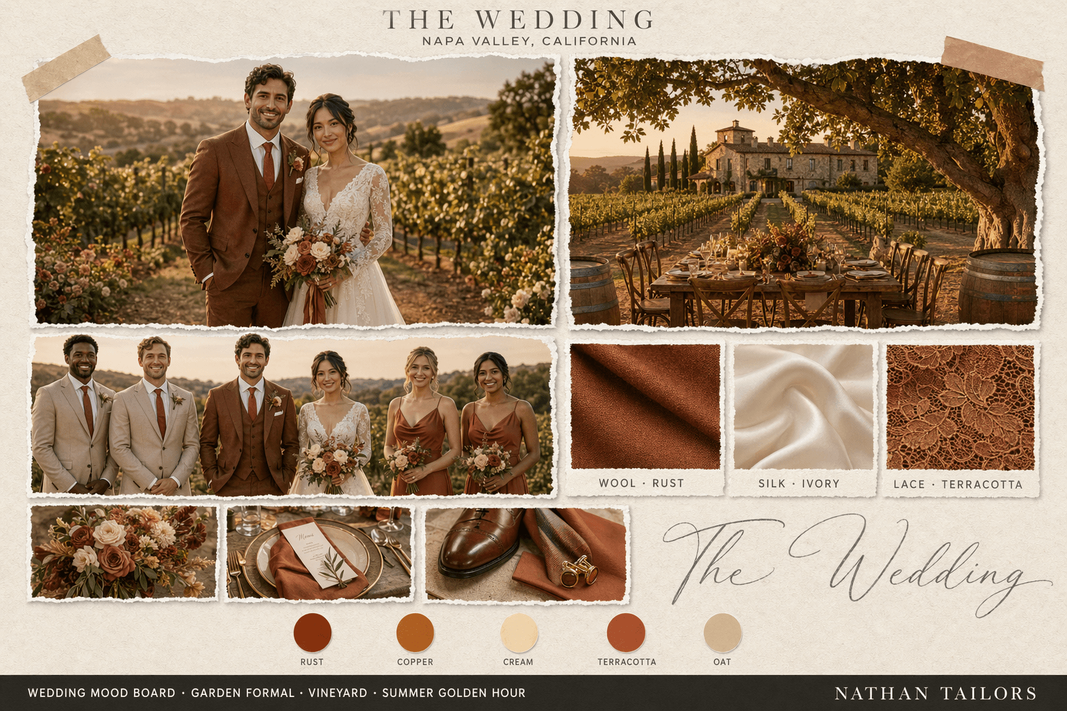 Rust, Copper & Cream vineyard wedding attire mood board — Nathan Tailors