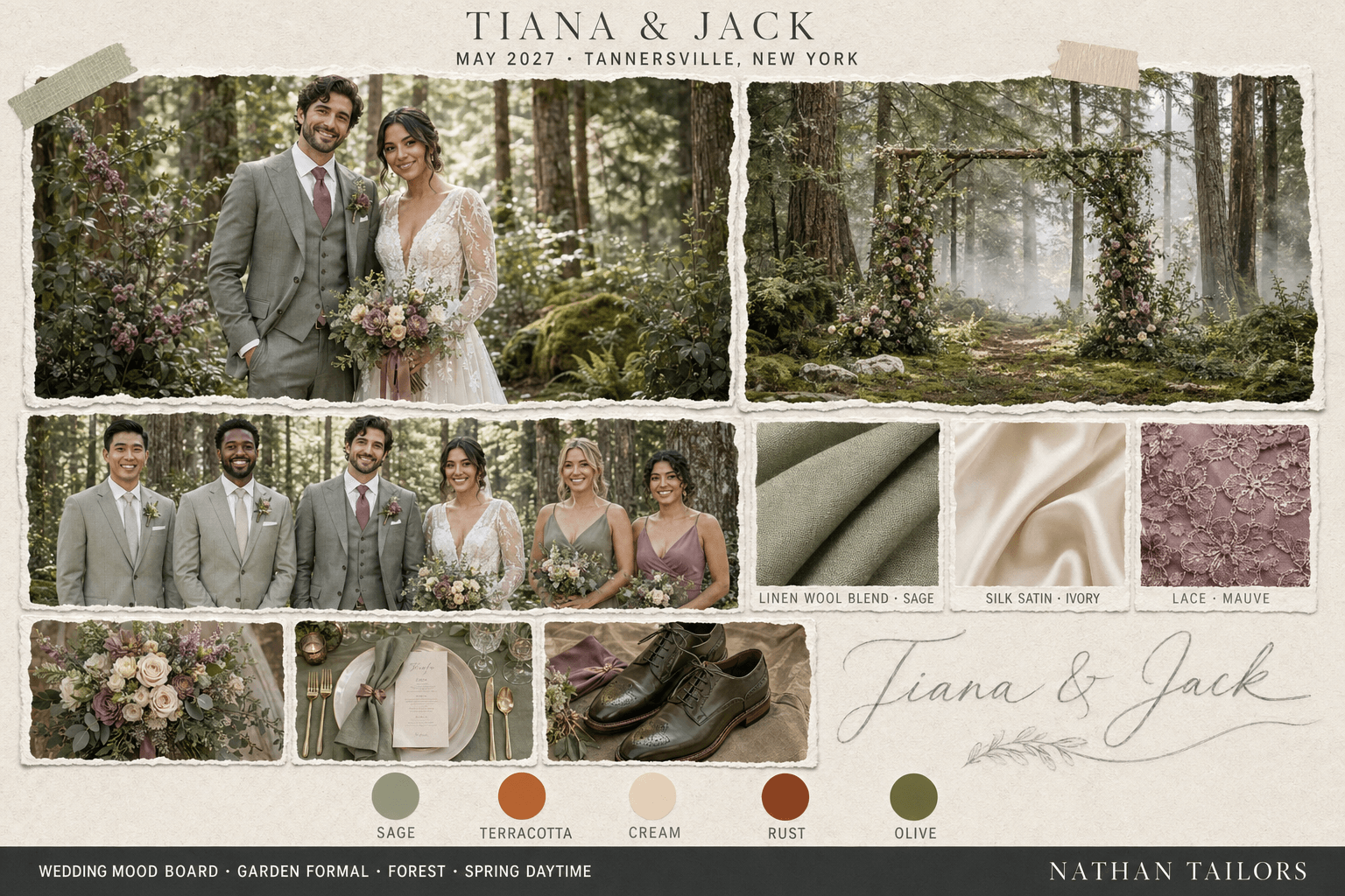 Sage, Terracotta & Cream forest wedding attire mood board — Nathan Tailors