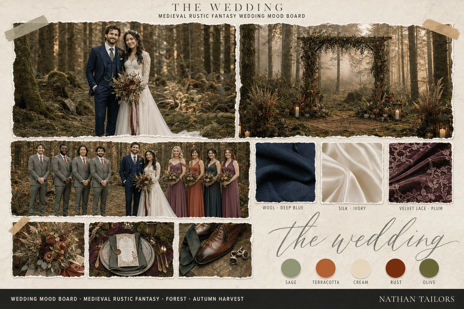 Sage, Terracotta & Cream forest wedding attire mood board — custom wedding attire mood board by Nathan Tailors. Sage, Terracotta & Cream palette, forest venue, autumn harvest light. Hoi An tailor.