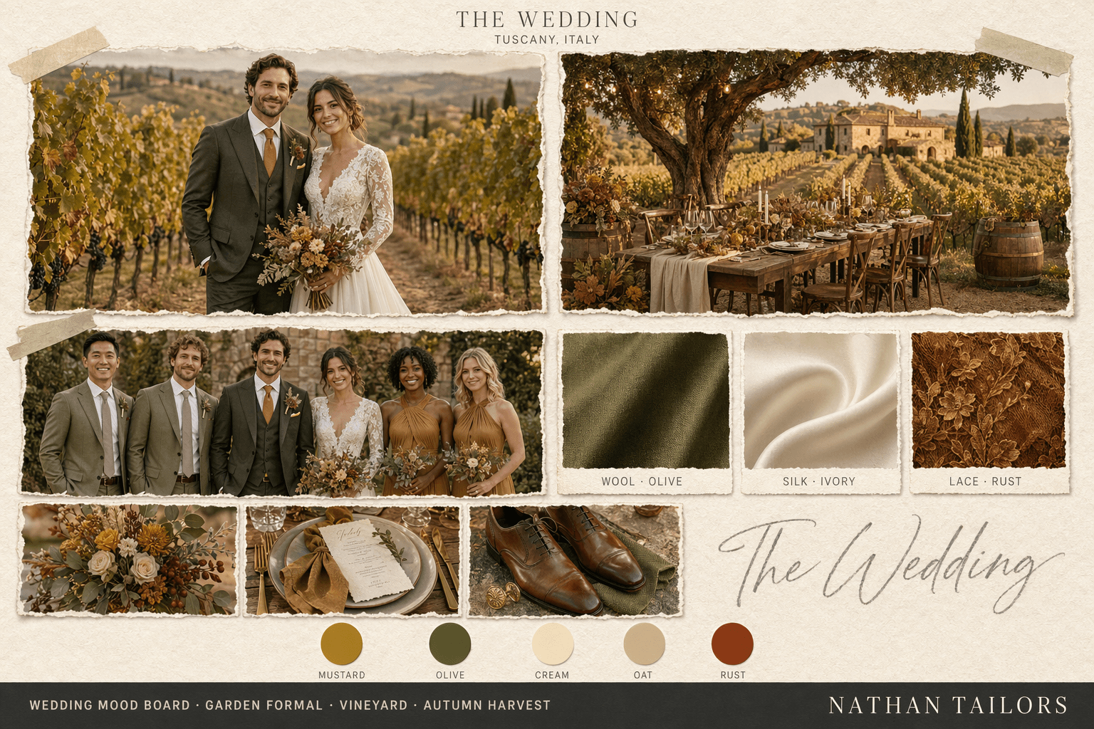 Mustard, Olive & Cream vineyard wedding attire mood board — Nathan Tailors