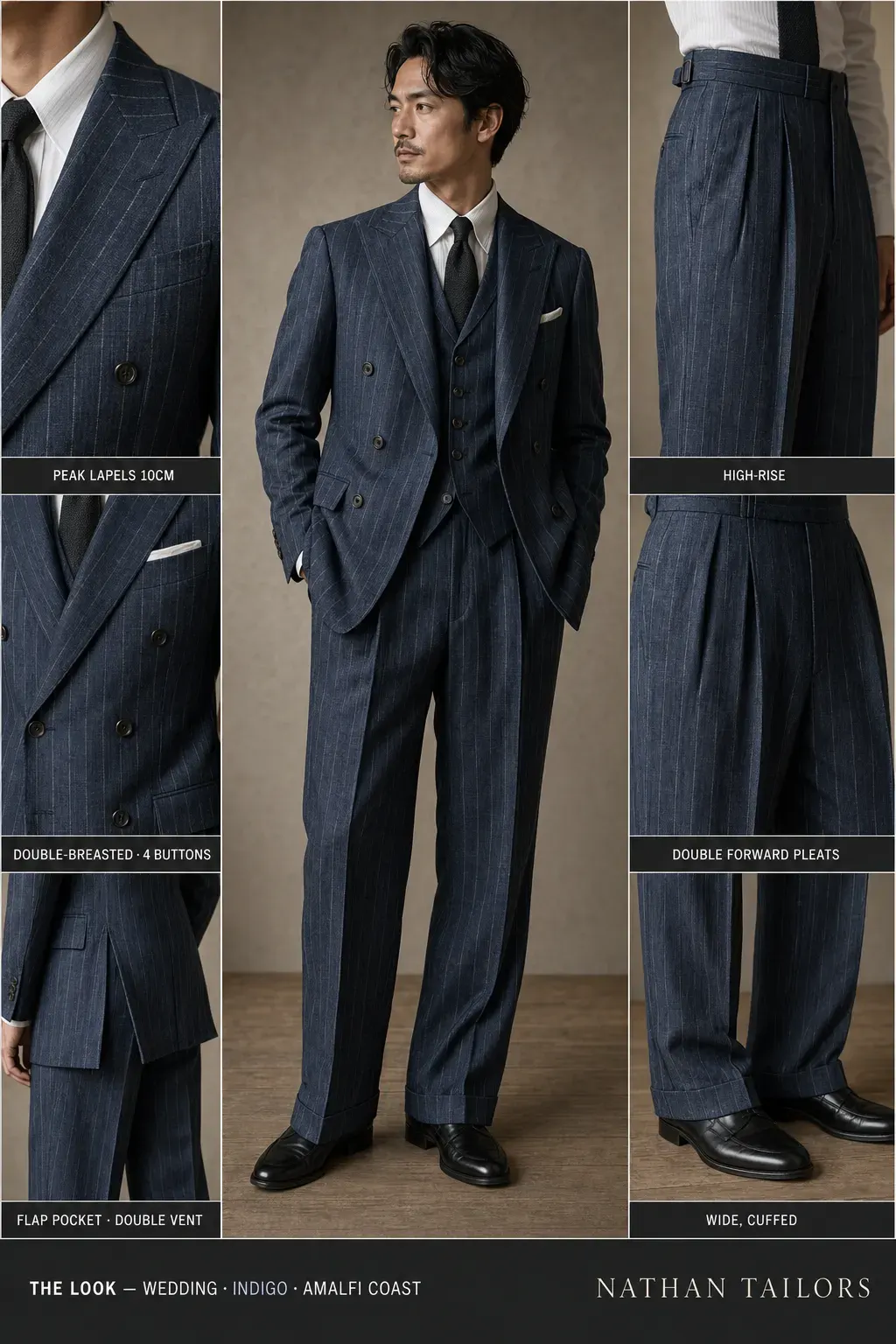 DB chalkstripe three-piece with tie and pocket square — full wedding rig — bespoke suit and custom tailored suit design by Nathan Tailors, the Hoi An custom tailor