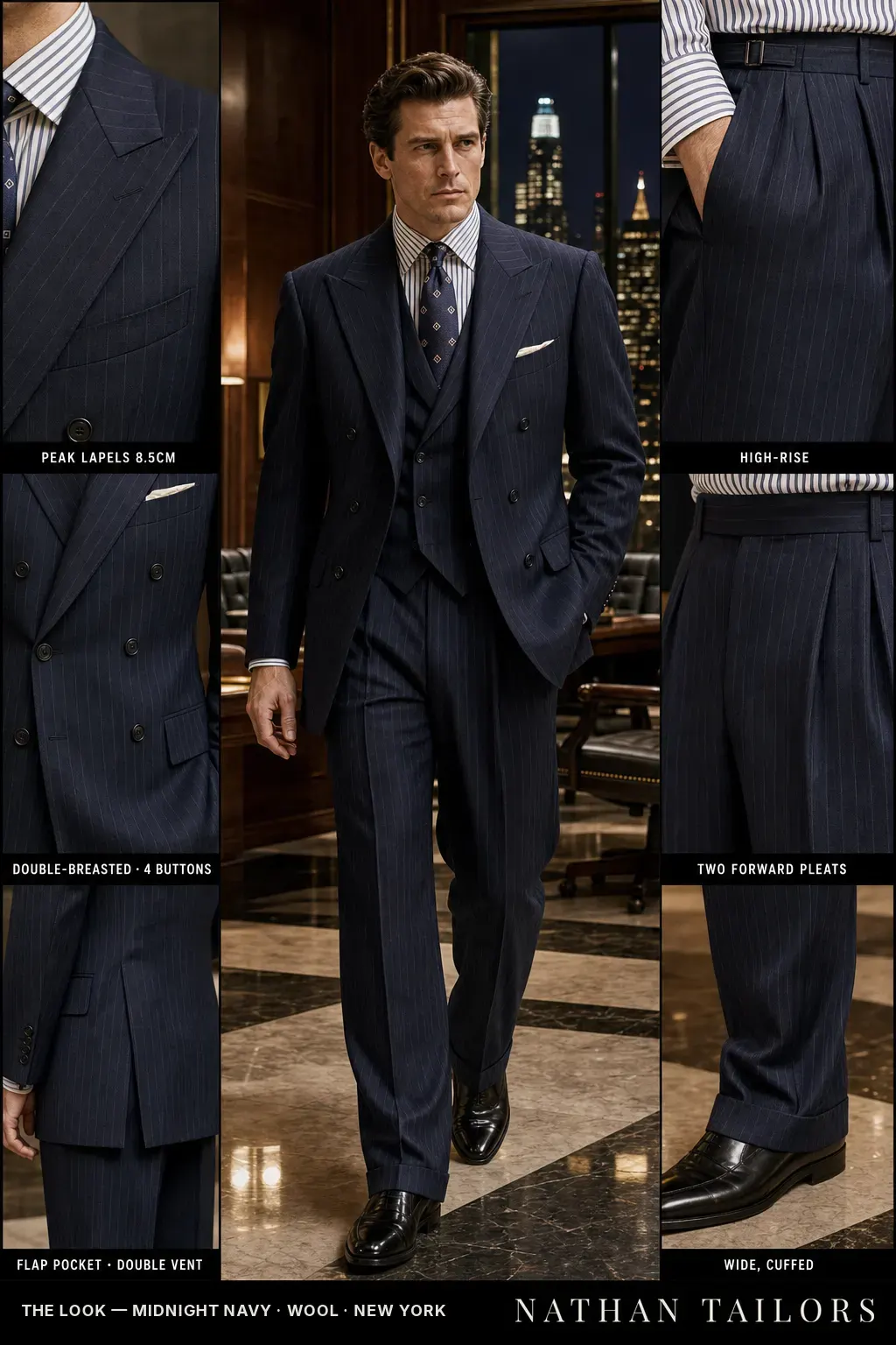 navy chalk-stripe DB three-piece in a marble executive lobby at night — bespoke suit and custom tailored suit design by Nathan Tailors, the Hoi An custom tailor