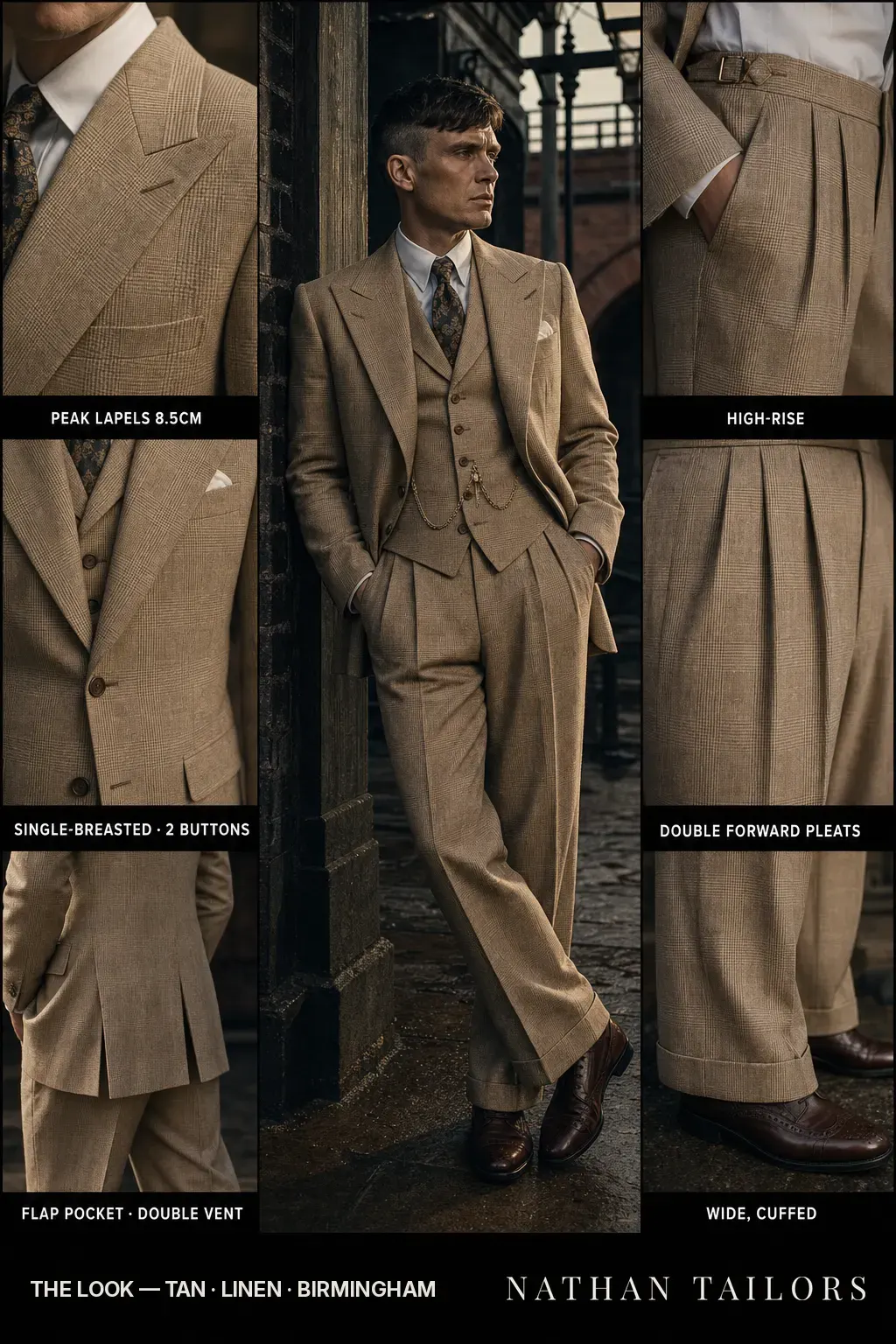 tan glen-plaid three-piece with tie and watch chain, brogues, on a city street — tailored but not corporate — bespoke suit and custom tailored suit design by Nathan Tailors, the Hoi An custom tailor