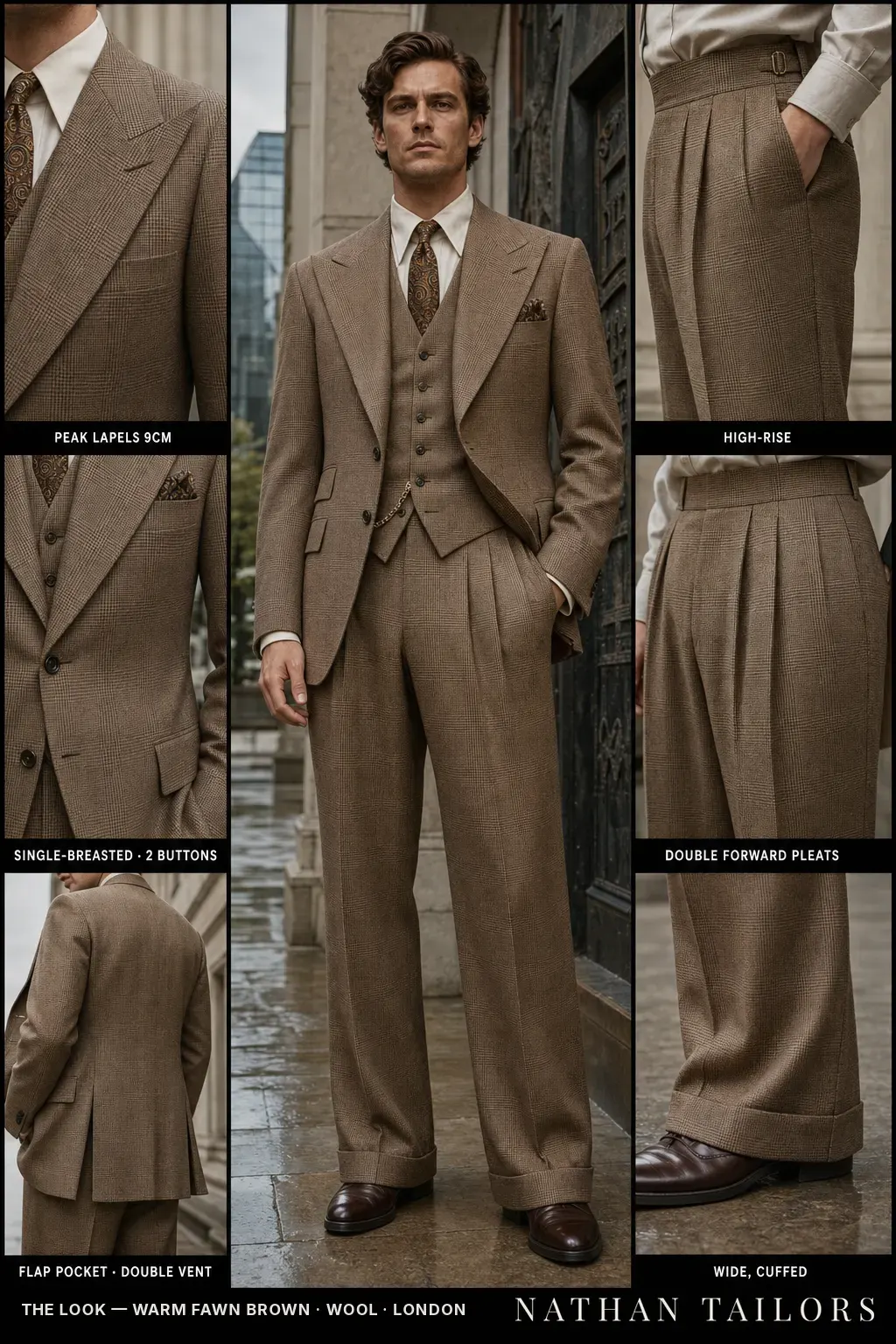 Fawn glen-plaid three-piece with wide pleated trousers — tailored but distinctly non-corporate — bespoke suit and custom tailored suit design by Nathan Tailors, the Hoi An custom tailor